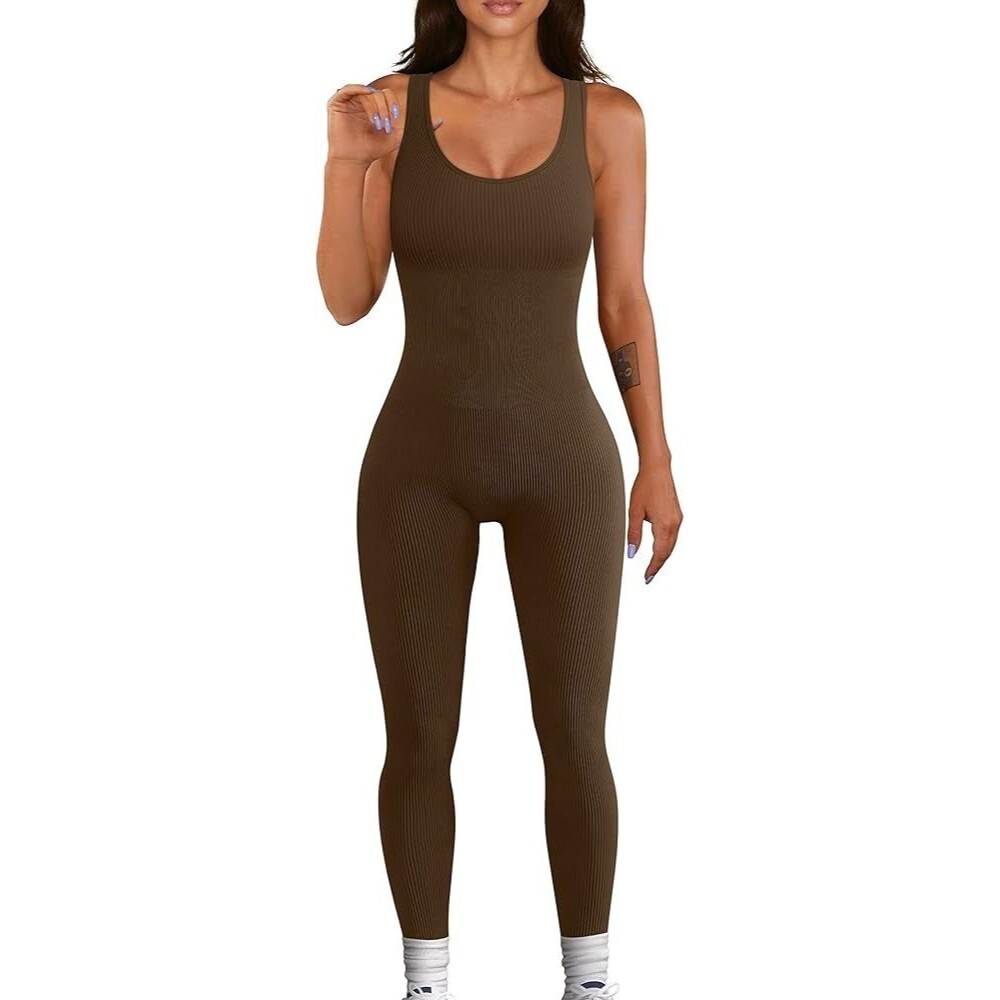 OQQ Size SMALL Bodysuit Brown Slimming Ribbed Jumpsuit Tank Top One Piece Coffee